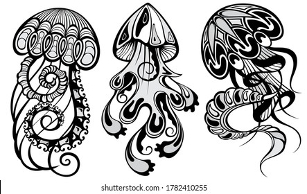 Jellyfish set vector collection. Abstract graphic illustration of jellyfish