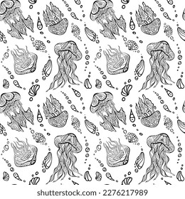 Jellyfish and shell irregular seamless pattern. Ocean zenart endless texture for relax coloring book sheet. Zen doodle sea nettle chaotic surface design. Sea blubber hand drawn art therapy page.