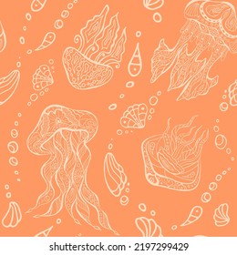 Jellyfish and shell random seamless pattern. Ocean zen doodle endless texture for packaging, flyer, website, textile. Zenart sea nettle pastel orange surface design. Sea blubber editable background.