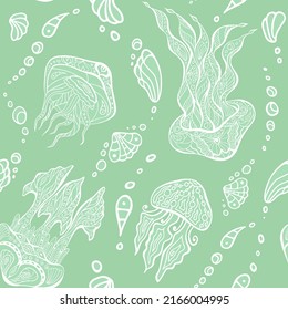 Jellyfish and shell toss repeat seamless pattern. Light green ocean zen tangle endless texture for textile, linen, flyer. Zenart sea nettle pastel irregular surface design. Sea blubber background.