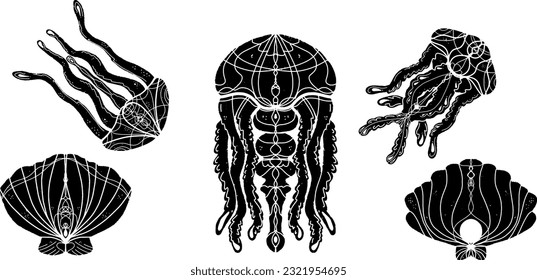 Jellyfish and shells, black silhouettes of marine animals. Grunge monochrome texture in linocut style. Vector set of elements.