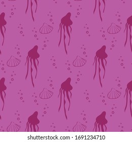 Jellyfish, shells and bubbles seamless vector pattern in bright pink colors. Ocean themed surface print design. For fabrics, cards, wrapping paper, scrapbooking, packaging, wellness products.