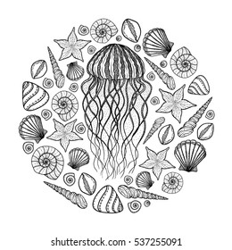 Jellyfish and shells in line art style. Hand drawn vector illustration. Design for coloring book. Set of ocean elements. Outline