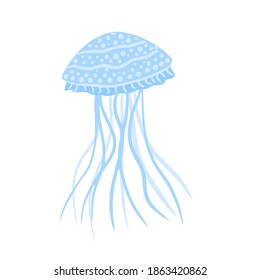 Jellyfish short isolated on white background. Cartoon cute blue color in doodle vector illustration.