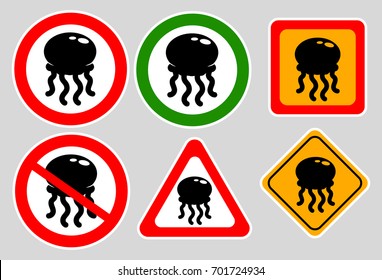 Jellyfish sign on gray background. Funny sign. Set stickers, jellyfish silhouette vector.