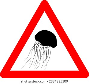 Jellyfish sign. Jellyfish warning sign. Red triangle sign with silhouette jellyfish inside. Beware injury or poisoning caused by sea jellyfish. Danger symbol.