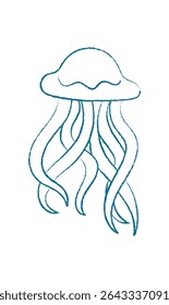 Jellyfish silhouette in chalk style. Aquatic creature with flowing tentacles. Marine life in the ocean, graphic doodle format, ideal for educational materials and summer projects.