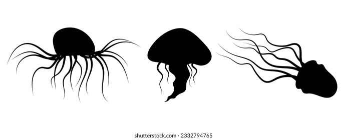 Jellyfish silhouette decoration set. Hand-drawn poisonous medusa, marine oceanic inhabitant, simple nautical design. Isolated. Vector illustration.