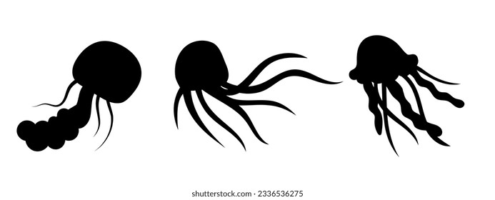 Jellyfish silhouette decoration set. Hand-drawn poisonous medusa, marine oceanic inhabitant, simple nautical design. Isolated. Vector illustration.