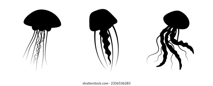 Jellyfish silhouette decoration set. Hand-drawn poisonous medusa, marine oceanic inhabitant, simple nautical design. Isolated. Vector illustration.