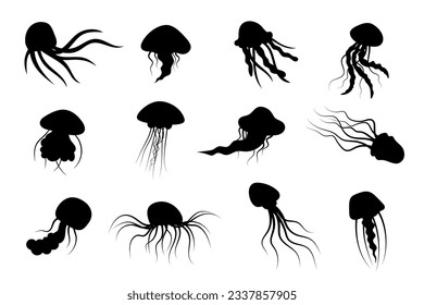 Jellyfish silhouette decoration set. Hand-drawn poisonous medusa, marine oceanic inhabitant, simple nautical design. Isolated. Vector illustration.