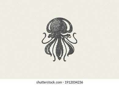 Jellyfish silhouette for food market and seafood restaurant hand drawn stamp effect vector illustration. Vintage grunge texture emblem for package and menu design or label decoration.