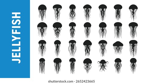 Jellyfish Silhouette Icon: Marine Creature and Ocean Life Black Vector