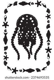 Jellyfish silhouette of a sea animal in a rectangular frame - vector template for printing or cutting. Jellyfish animal mollusk composition on a marine theme