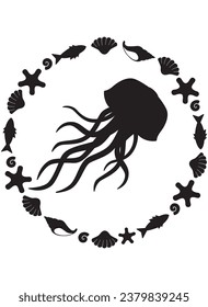 Silhouette de medusas de un animal marino en un marco redondo - plantilla vectorial para impresión o corte. Composición de animales de la medusa sobre un tema marino