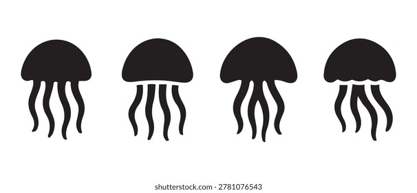 Jellyfish silhouettes. floating in row on white background, flat vector illustration.