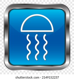 Jellyfish simple icon. Flat design. Metal, blue square button. Transparent grid.ai