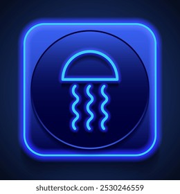 Jellyfish simple icon. Flat design. Blue neon style on button. With shadow.ai