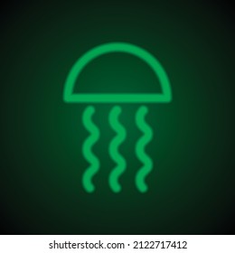 Jellyfish simple icon. Flat desing. Green neon on black background with green light.ai