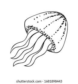 Jellyfish in a simple style, isolated vector on white background. Single element with a black outline and dots texture, stylized as a hand ink drawing. Can be used as icon and for natural design.