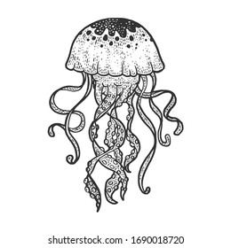 jellyfish sketch engraving vector illustration. T-shirt apparel print design. Scratch board imitation. Black and white hand drawn image.