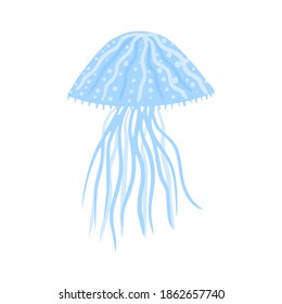 Jellyfish small isolated on white background. Cartoon cute blue color in doodle vector illustration.