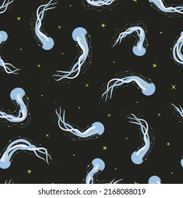 Jellyfish in space seamless pattern. Cute stars