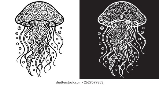 A jellyfish with a spiral pattern. The jellyfish is shown in two different colors, one being black and the other white. The black jellyfish is on the left side of the image