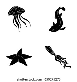 Jellyfish, squid and other species.Sea animals set collection icons in black style vector symbol stock illustration web.