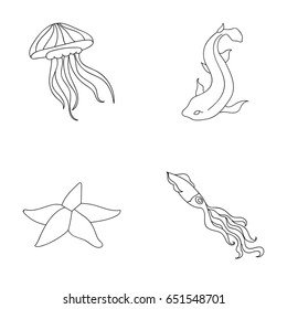 Jellyfish, squid and other species.Sea animals set collection icons in outline style vector symbol stock illustration web.