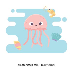 jellyfish squid and snail life cartoon under the sea vector illustration