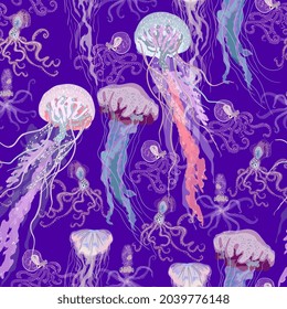 Jellyfish and squid swimming undersea seamless repeat pattern. Surface design for fabric, wallpaper, wrapping paper, scrapbooking, invitation cards. Violet, lilac, purple colors.