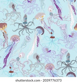 Jellyfish and squid swimming undersea seamless repeat pattern. Surface design for fabric, wallpaper, wrapping paper, scrapbooking, invitation cards. Light blue, violet colors.