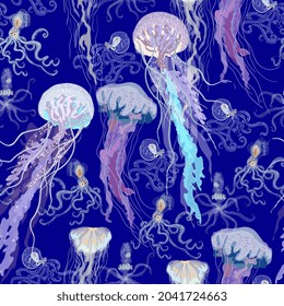 Jellyfish and squid swimming undersea seamless repeat pattern. Surface design for fabric, wallpaper, wrapping paper, scrapbooking, invitation cards. Violet, neon blue colors.