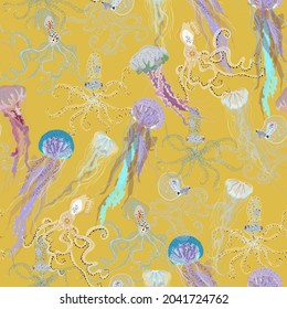 Jellyfish and squid swimming undersea seamless repeat pattern. Surface design for fabric, wallpaper, wrapping paper, scrapbooking, invitation cards. Yellow colors.