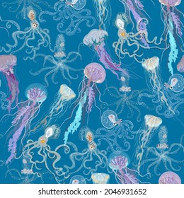 Jellyfish and squid swimming undersea seamless repeat pattern. Surface design for fabric, wallpaper, wrapping paper, scrapbooking, invitation cards. Lilac, neon blue colors.