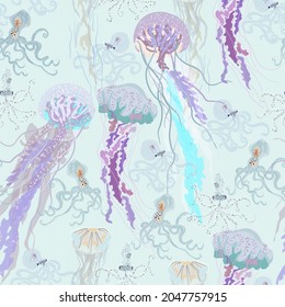 Jellyfish and squid swimming undersea seamless repeat pattern. Surface design for fabric, wallpaper, wrapping paper, scrapbooking, invitation cards. Lilac, violet, light blue colors.