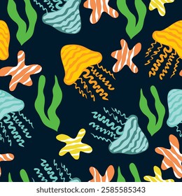 jellyfish, starfish, green ocean grass in deep sea seamless pattern. sea creatures with colorful vibe and vibrant tones seamless pattern.