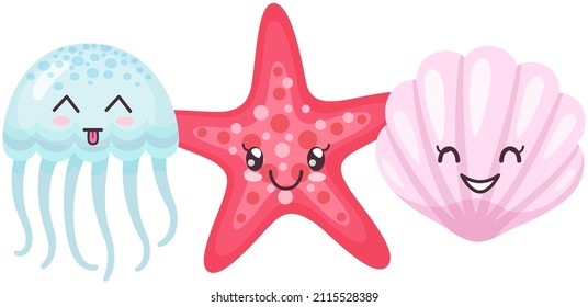 Jellyfish, starfish, shell toy icon set. Big eyes smiling face. Pink star, lilac conch, medusa. Cute cartoon kawaii funny baby character. Sea ocean animal collection. Kids print on white background