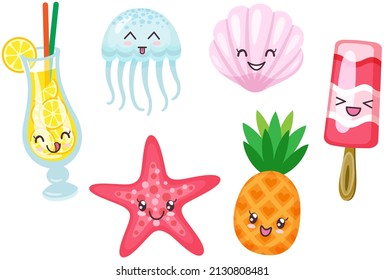 Jellyfish, starfish, shell toy icon set with tropical sweets pineapple, ice cream and cocktail. Big eyes smiling face. Cute cartoon kawaii funny baby character. Sea ocean animal collection, desserts