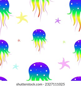 jellyfish and starfish,exotic marine swimming in ocean white background, Repeat seamless pattern of rainbow pride color of sea animals.