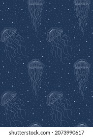 Jellyfish and stars on navy blue background vector seamless pattern