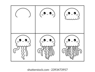 Jellyfish. Step by step drawing. Coloring page, coloring book page. Black and white vector illustration.