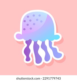 Jellyfish sticker concept. Representative of marine world and underwater inhabitant. Wild life and biology, fauna. Template, layout and mock up. Cartoon flat vector illustration