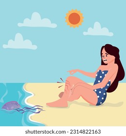 Jellyfish stings, young woman suffers jellyfish attack, dangers of the sea. vector illustration.
