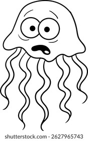 A jellyfish with a surprised expression on its face. Contour illustration of a cartoon jellyfish with a scared expression. for children's coloring books, educational materials, and marine themes.