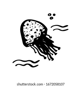 Jellyfish sweet sea animal in doodle style isolated on white background. Vector outline ocean animal illustration for nursery t shirt, kids apparel, party and baby shower invitation. Single icon logo.