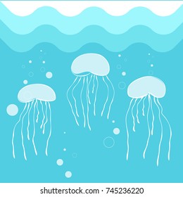 Jellyfish swimming in blue sea water background. Vector illustration of octopus in deep ocean, marine concept image in flat style