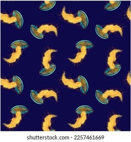 Jellyfish swimming in deep, dark blue sea. Seamless pattern for textiles, wrapping paper, packaging, wallpaper, backgrounds.