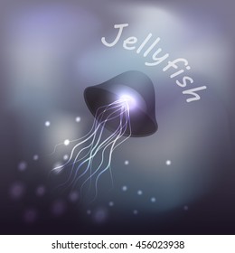 jellyfish is swimming in the deep water. blurred background. vector illustration.